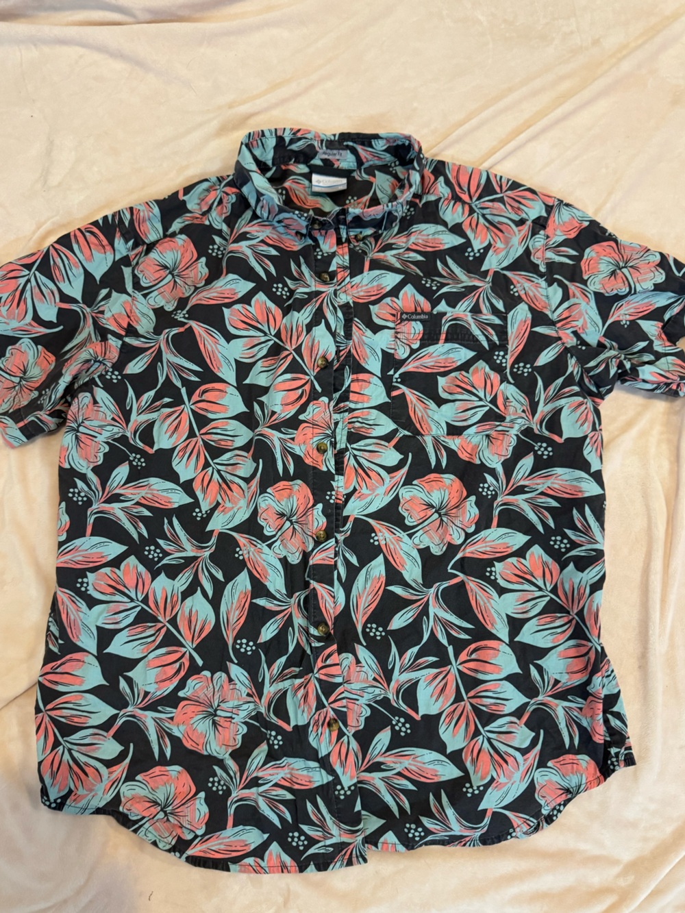 Columbia Men's Black Tropical Floral Button-Up Shirt with Coral & Teal Print